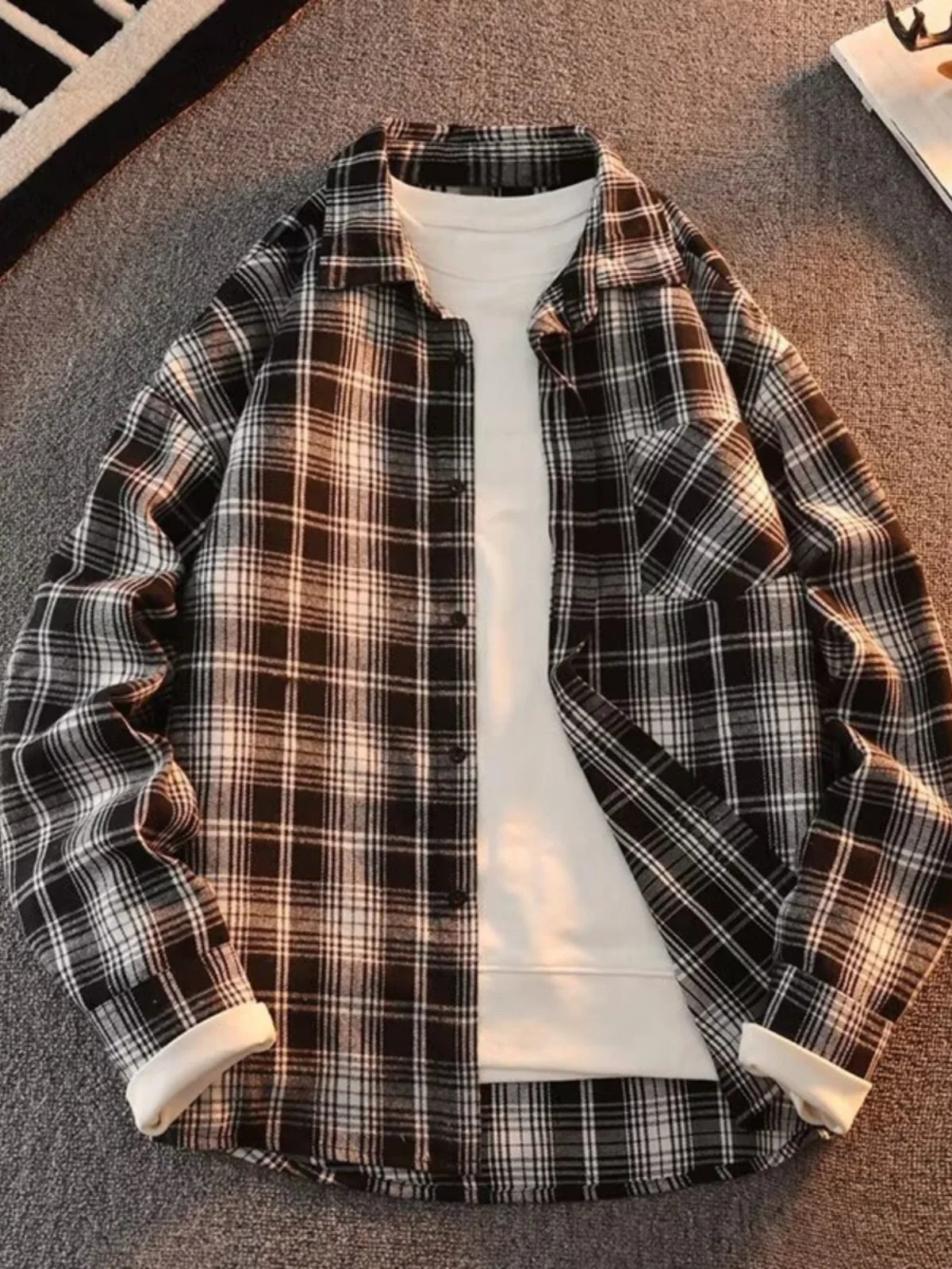 Retro Japanese Plaid Long Sve irt Men's Casual Loose Fit Spring Autumn Wear for Students And Couples Youth Faion
