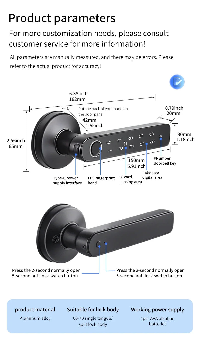 Work with Tuya App Bluetooth Smart Fingerprint Door Lock Password Mechanical Key NFC Unlocking For Wooden Door Handle Lock IP65