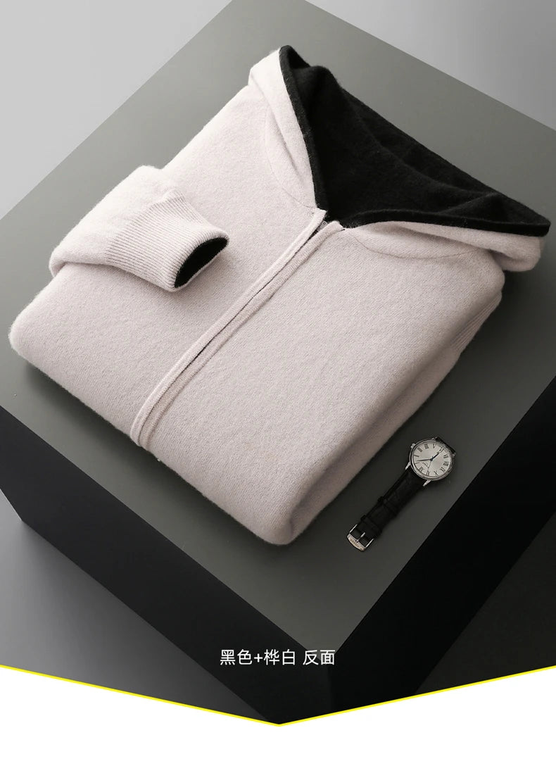 New Men's 100% Merino Wool Double Sided Wearable Hooded Sweater Casual Autumn Winter Coat Long Sleeved Men's Wool Sweater Tops