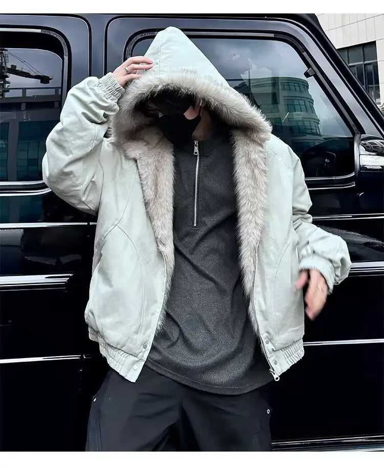 American Retro Lamb Fleece Cotton Jacket Winter Thickened Keep Warm Fur Collar Jacket Zipper Hoodie Loose Coat men clothing