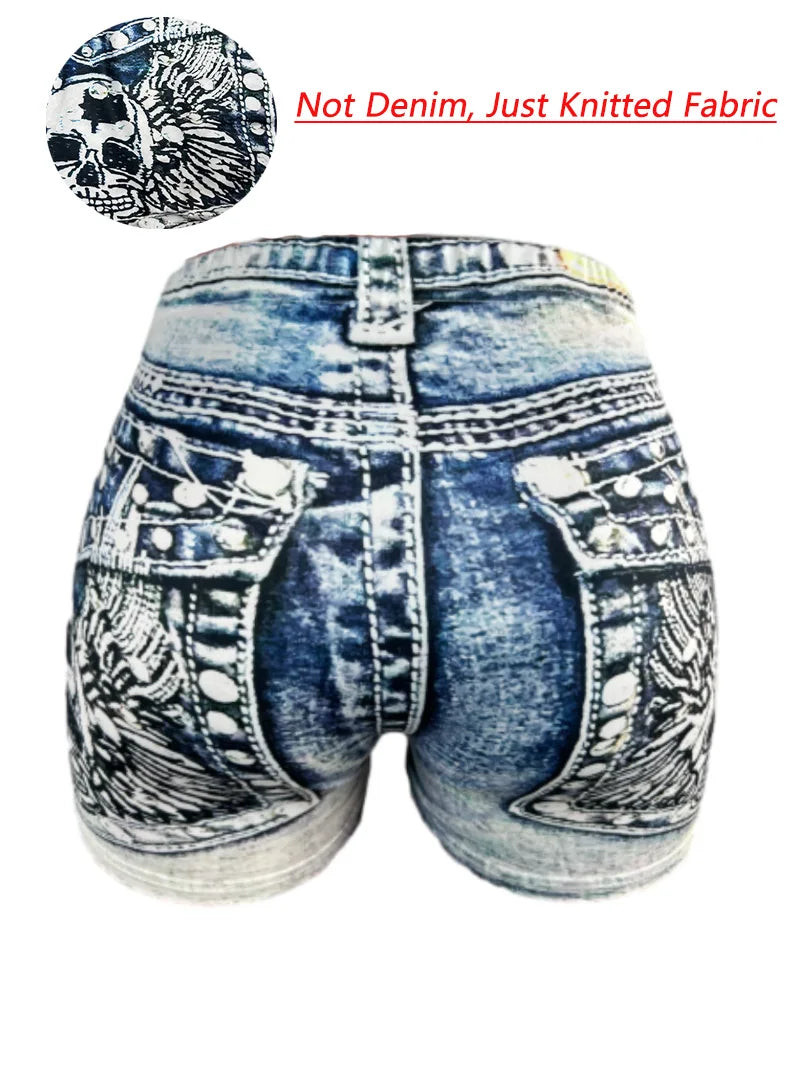 Women's Faux Denim Print High Stretch Slim Shorts, Versatile Yoga Shorts, Polyester Non-Denim Material