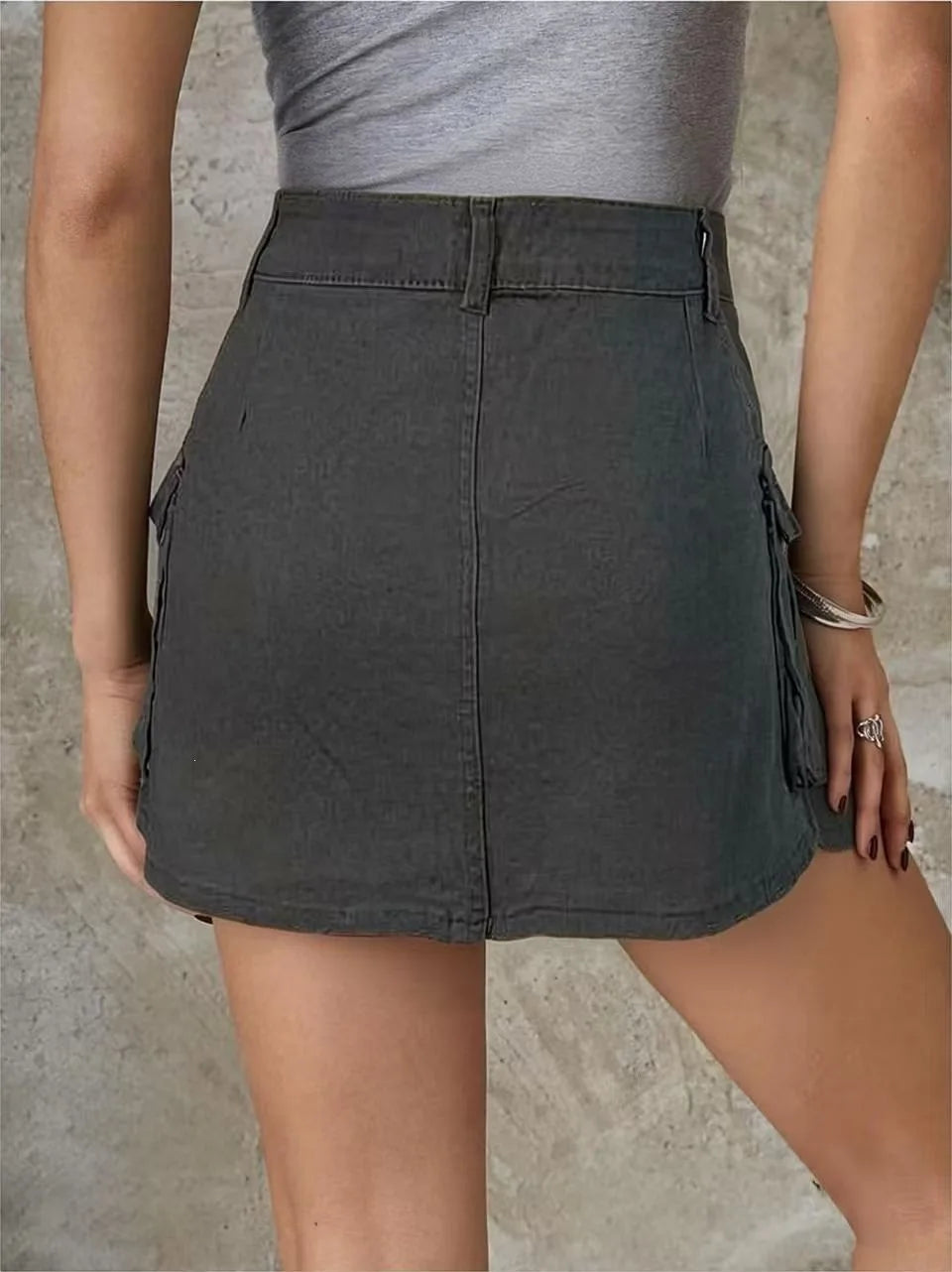 Sexy Women High Waist Cargo Denim Mini Skirt Double Button Multi Pocket A Line Short Skirt Y2K Streetwear Casual Jean Dress
