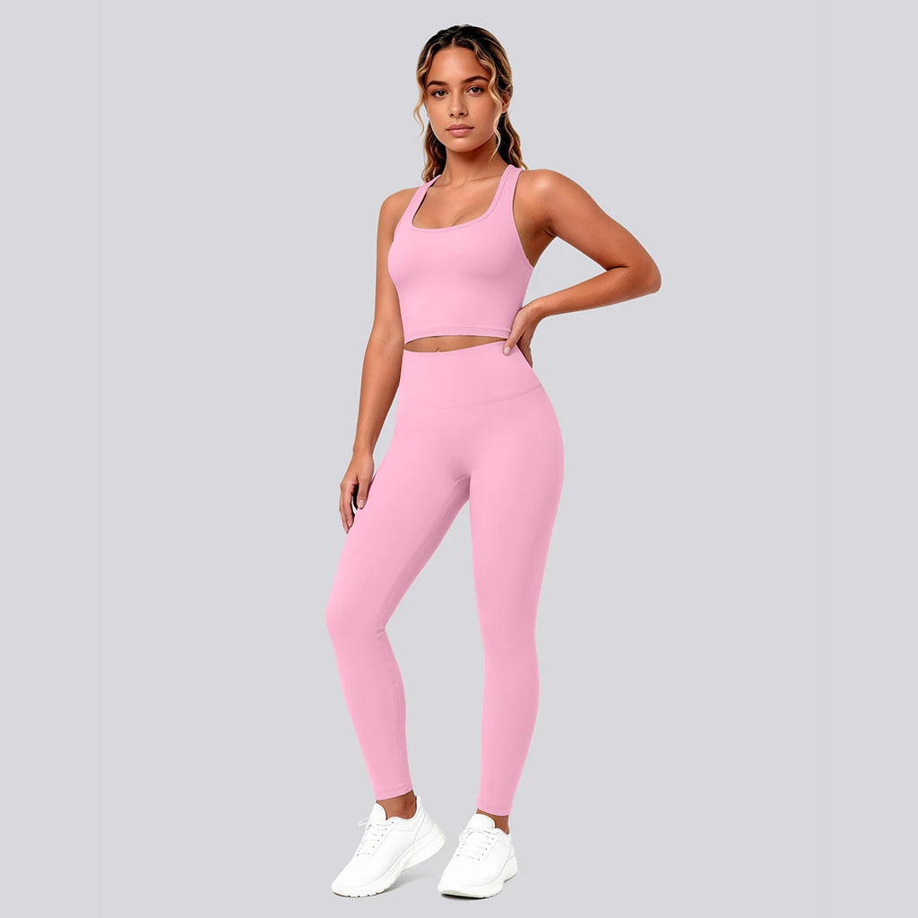 2PCS Solid Color Yoga Set for Woman's Gather Beautiful Back I-shaped Vest Shock-absorbing Running Yoga Tank Top Push Up Pants