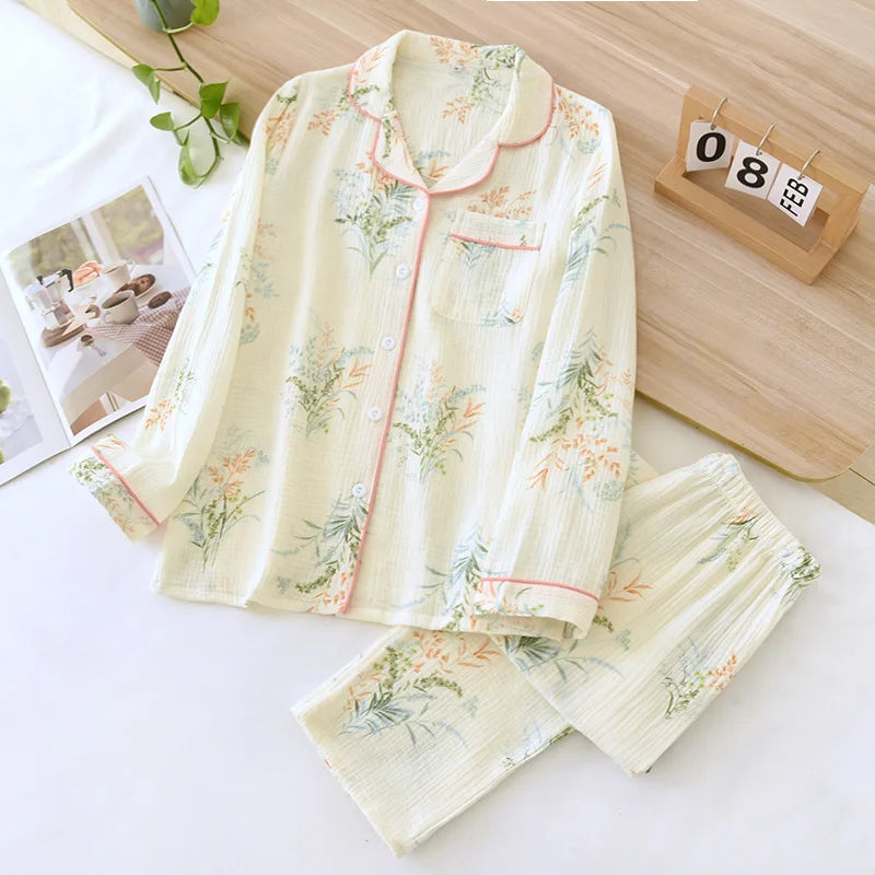 2026 Spring and Autumn Women's Pajama Set 100% Cotton Crepe Long sleeved Pants Two piece Cute and Sweet Home Fury Set Ladies