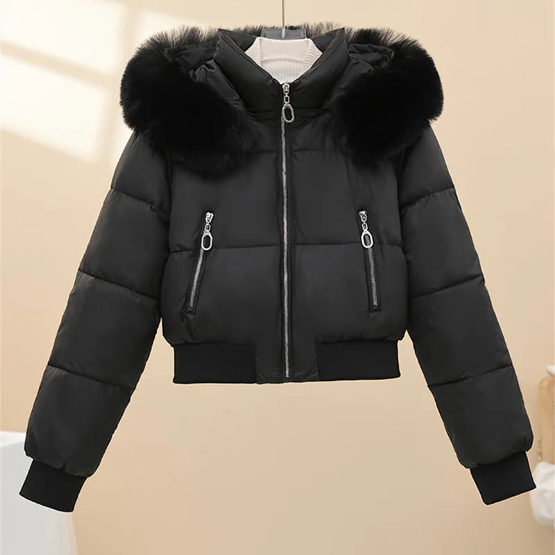 2026 Super-short Cotton-padded Jacket Women's Elastic-waist Winter Coats Fur Collar Hooded Parkas Streetwear Warm Slim Outerwear
