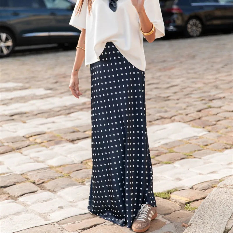 Women Polka Dot Maxi Skirt Elegant Bodycon A Line Flare Long Skirts Cute Dots Print Flowy Maxi Satin Skirt Vintage Streetwear