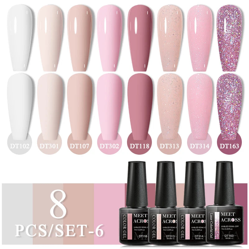 MEET ACROSS 6/8Pcs Set Glitter Gel Nail Polish Autumn Winter Nail Art Varnishes Semi Permanent Soak Off UV Gel Kit Nails Lacquer