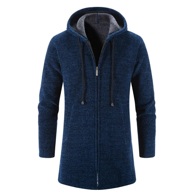 KIDWHXR Man Autumn Winter Cardigan Jacket Fleece Warm Hooded Sweater Coat Male Mid Length Long Sleeve Male Casual Outerwear