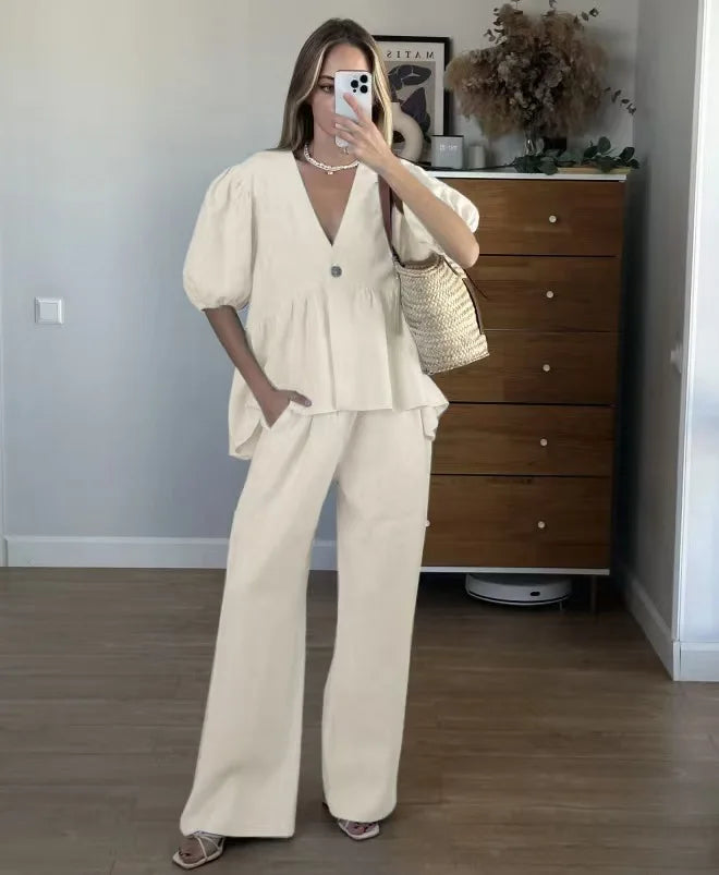 Elegant Solid 2 Piece Sets Women New Fashion Puff Short Sleeve V-Neck Button Top Wide Leg Pants Suit Casual Streetwear Outfit