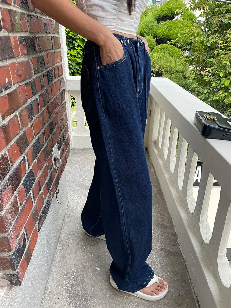 Retro High-waisted Women's Straight Jeans Summer New Fashion Loose Drawstring Design