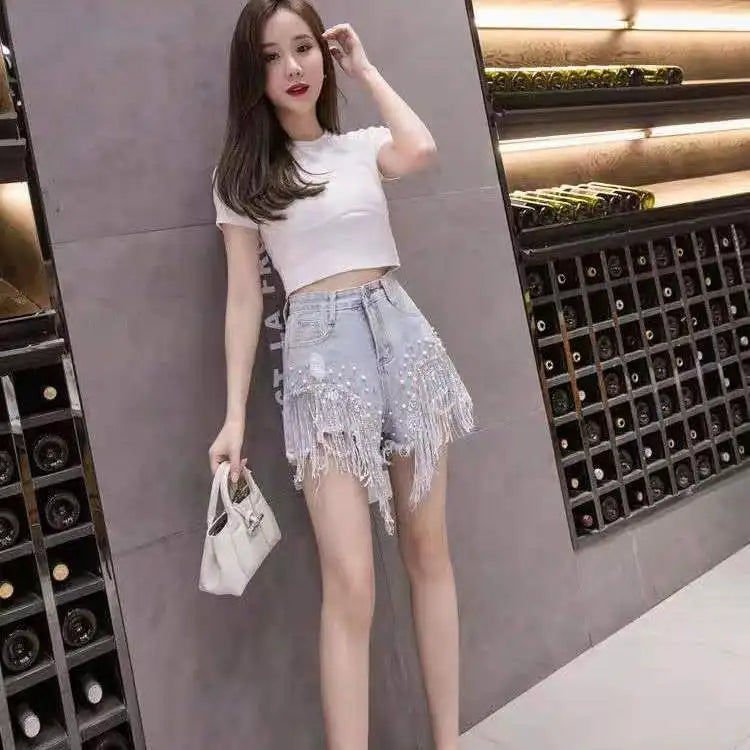 Women Luxurious Beading Tassel Sequins Denim Shorts 2026 Summer High-waist Loose-fitting Shorts Korean Style Ripped Denim Shorts