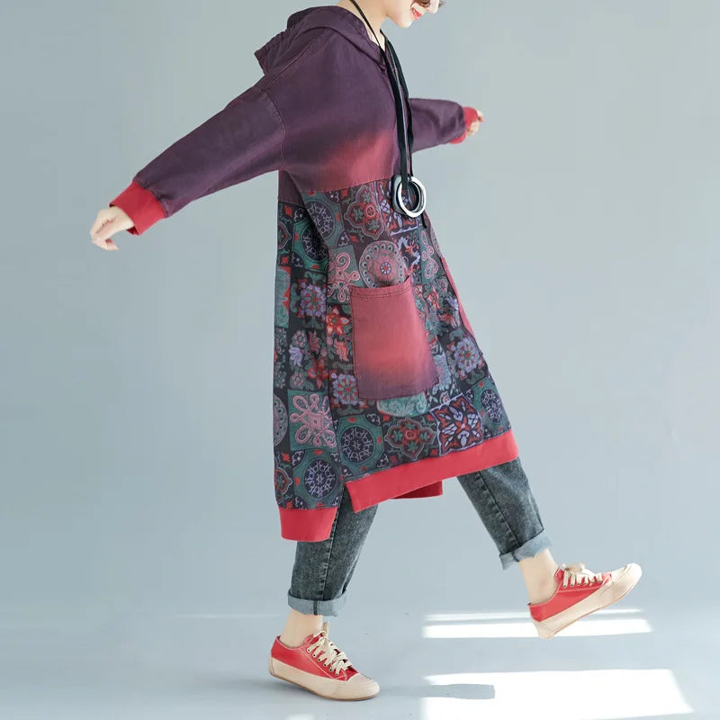 Mid Length Dress Women Hooded Dresses Casual Loose Vestidos Maxi Autumn Elegant Splice Hoodies Y2k Streetwear Print Summer 2025