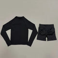 2 Piece Fitness Outfit Women Raglan Long Sleeve Crew Neck Top Hip Shaping Scrunch Shorts Stretch Soft Dance Gym Workout Set