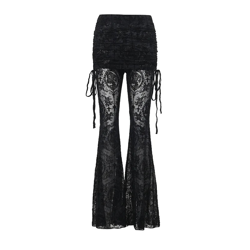AltGoth Gothic Dark Flocking Pants Women Streetwear Aesthetic Emo Alt Grunge See Through Lace-up High Waist Flare Pants Female