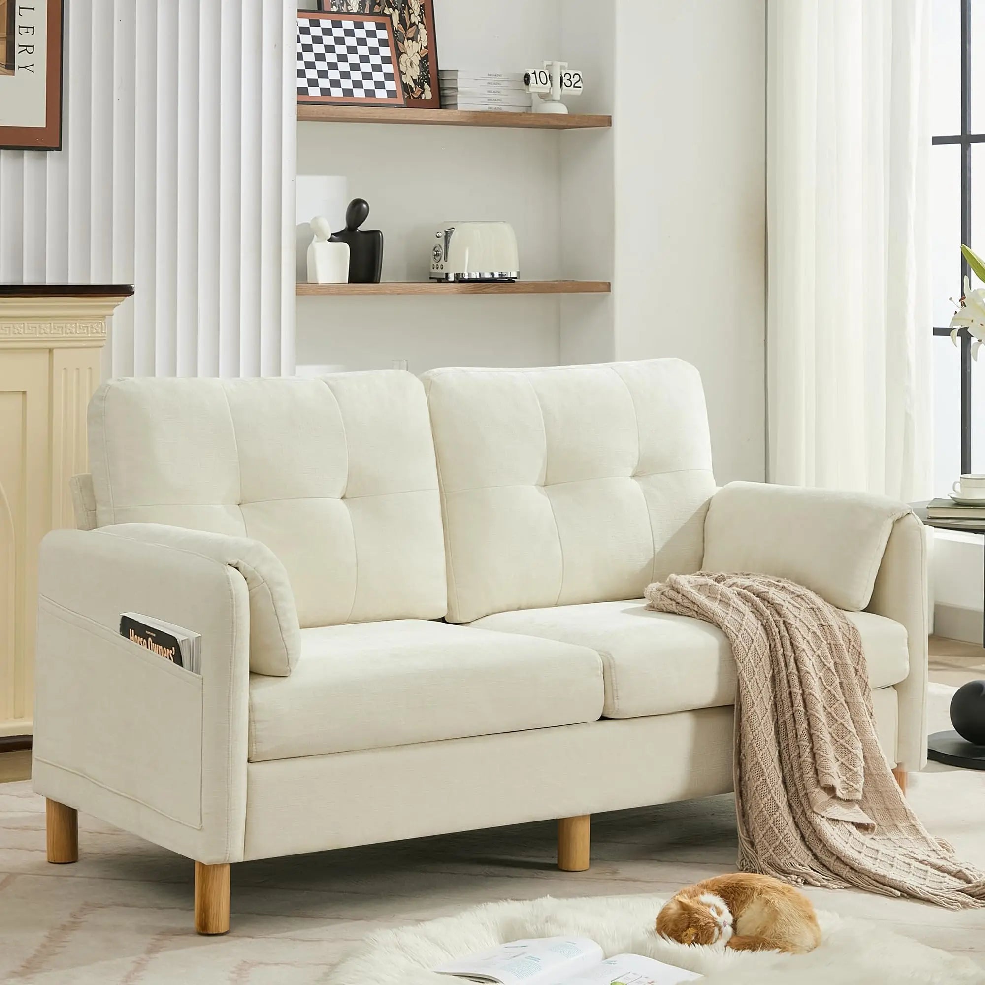 65 Inch Beige Chenille Mid Century Modern Loveseat Sofa with Padded Arms and Storage Pockets for Living Room