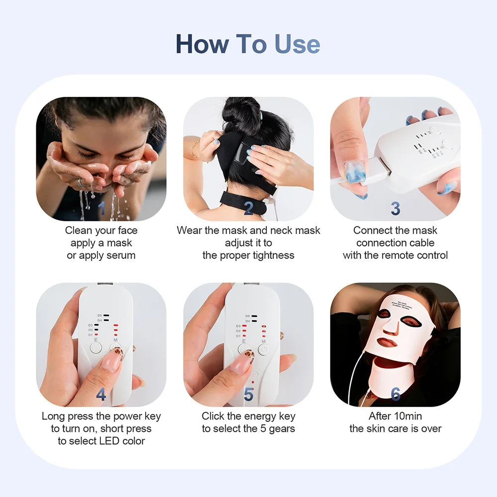 Silicone LED Mask Face And Neck 7 Colors LED Photon Red Light Infrared Therapy Flexible Facial Mask Repair Skin Wireless Use