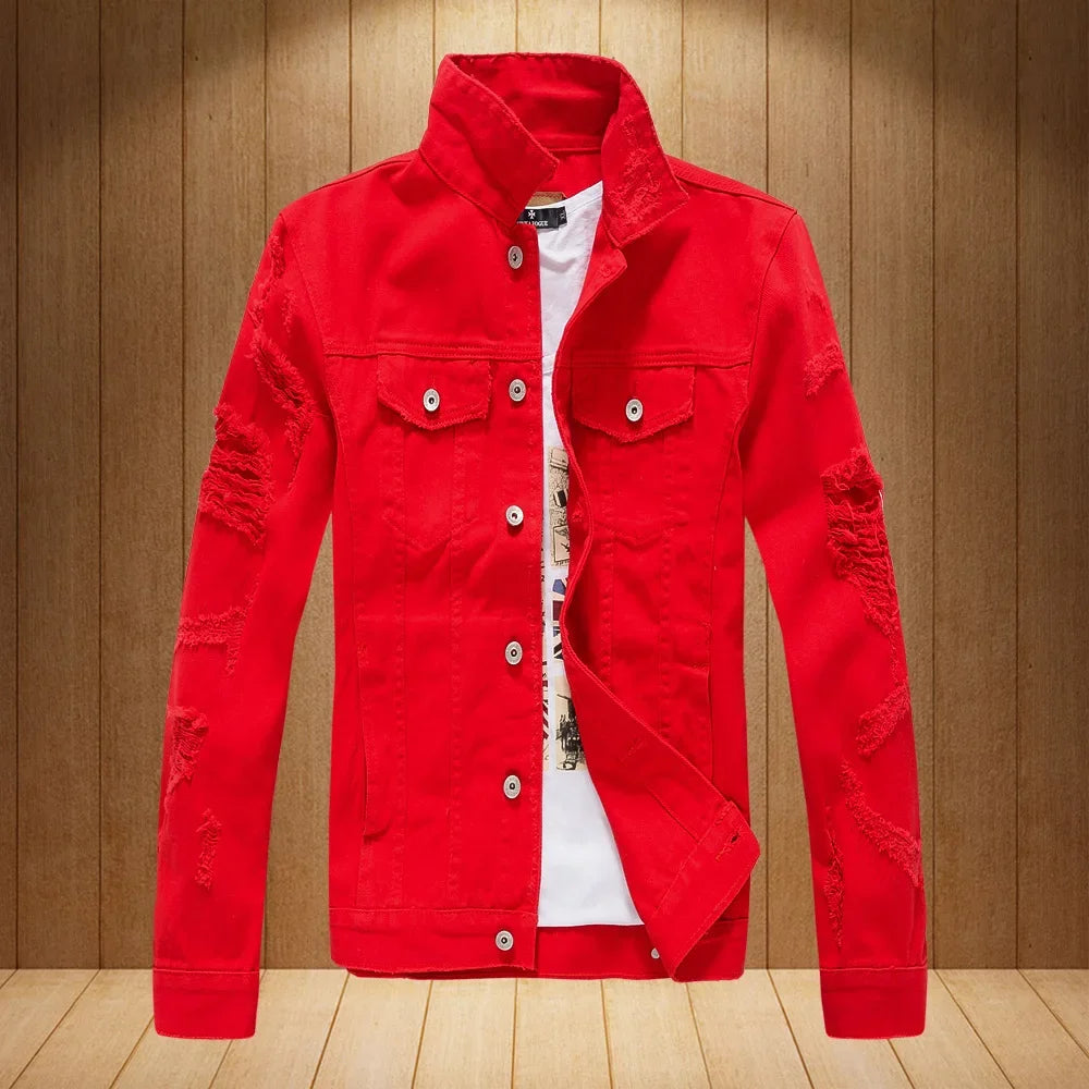 Men White Denim Jackets Holes Jeans Coats New Spring Autumn Solid Denim Coats Male Cotton Casual Fit Jeans Jackets Size 4XL
