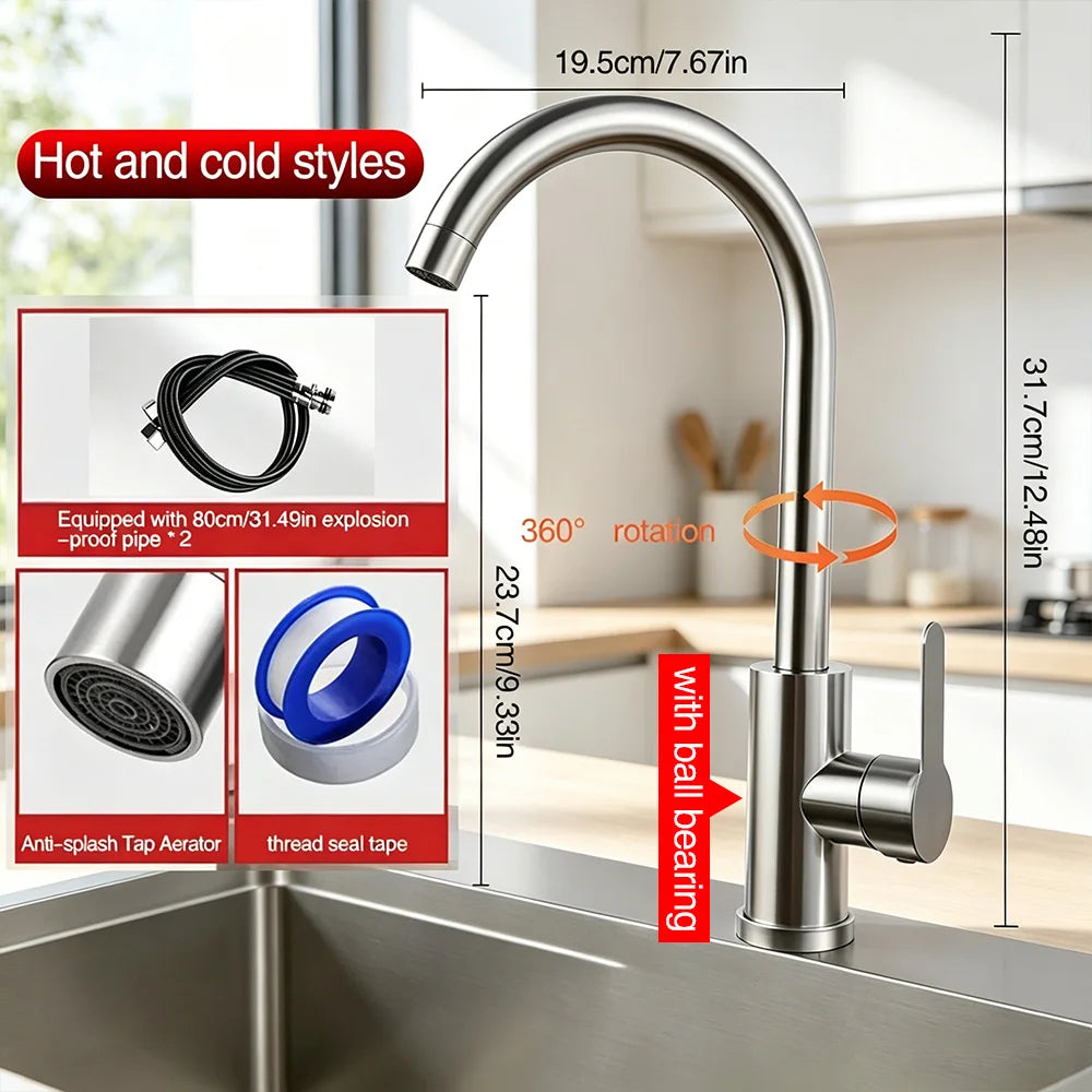 Stainless Steel Kitchen Faucet 360° Rotation Single Cold/Hot Cold Mixer Tap for Sink