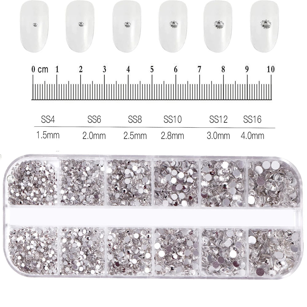 12Grid/1500PCS Shiny Crystal Nail Art Rhinestones SS4-16 Silver 3D Flatback Semicircler Nail Charms Gemstones for DIY Decoration