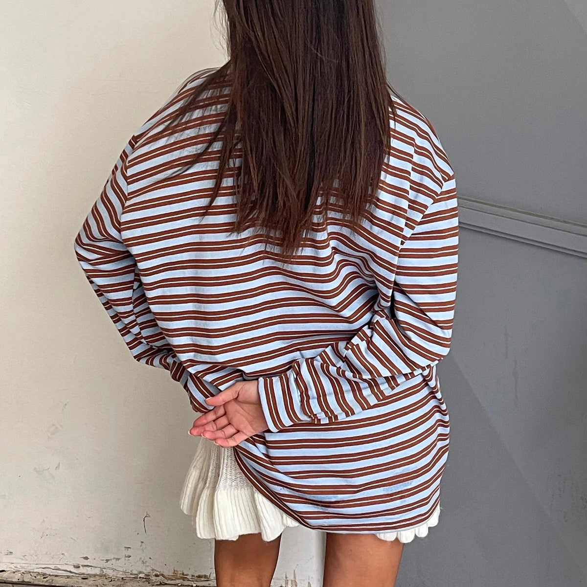 New Fashion Women T-Shirt Long Sleeve Turn Down Collar Stripes Fall Tops Streetwear For Casual Daily Hot Sale S M L
