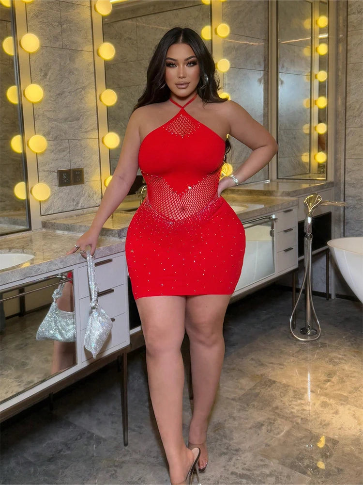 Women Rhinestone Sexy Dress Mesh Hollow Out Fitted Mini Dress Plus Size Sleeveless Skirt Club Party Summer Beach Wear Dress