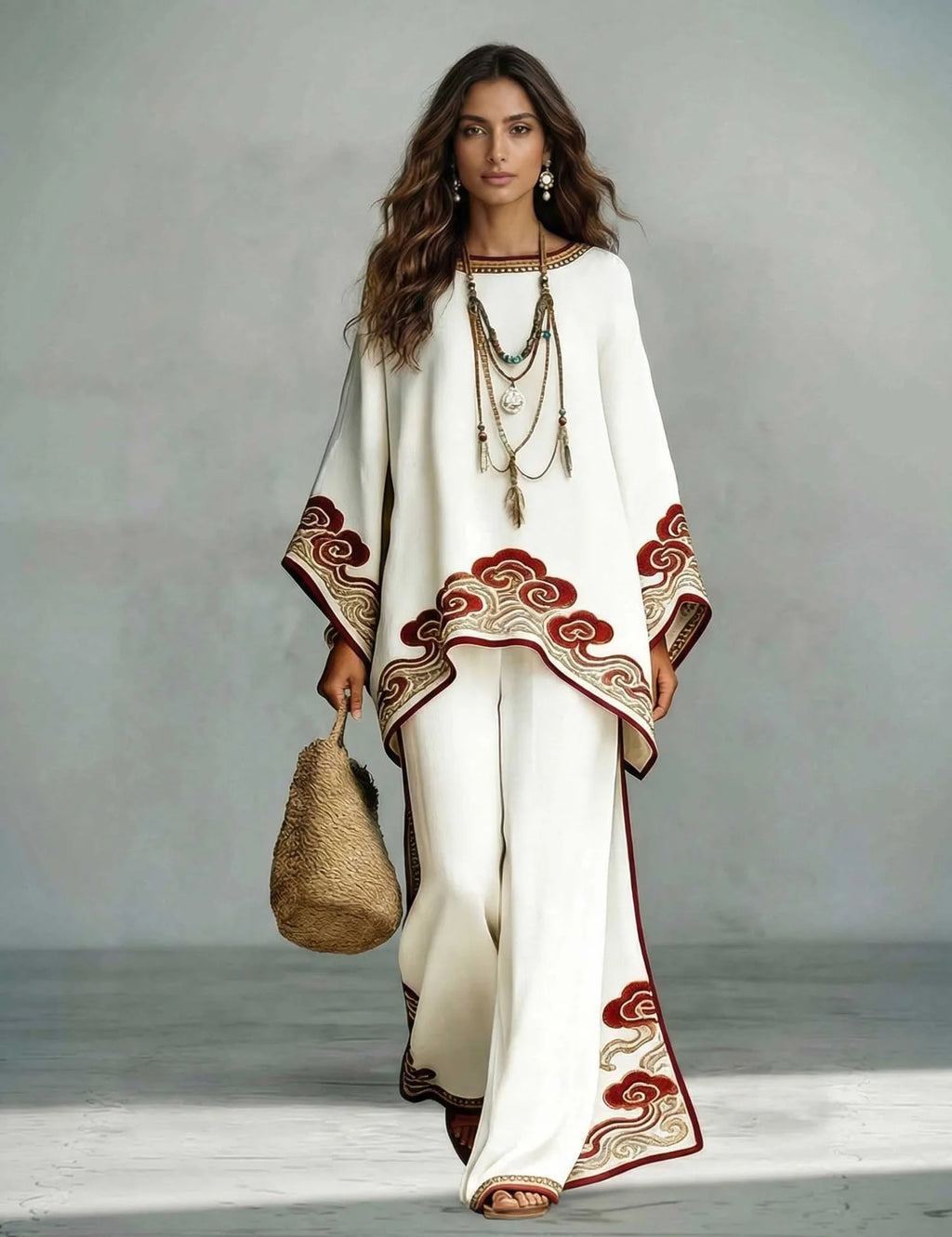 Bohemian Foreign Style Printed Women's Two-piece Set Spring Fashion O-neck Loose Top+wide Leg Pants Suit Ladies Office Outfit