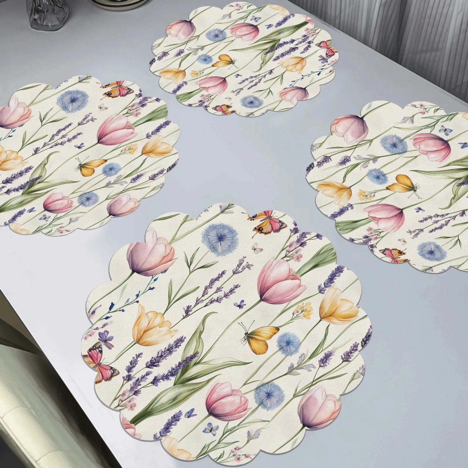 VIKAMA 4pcs Spring Floral Round Placemats Tulip And Lavender Print Placemats Home Dining Table Decor Coffee Coasters