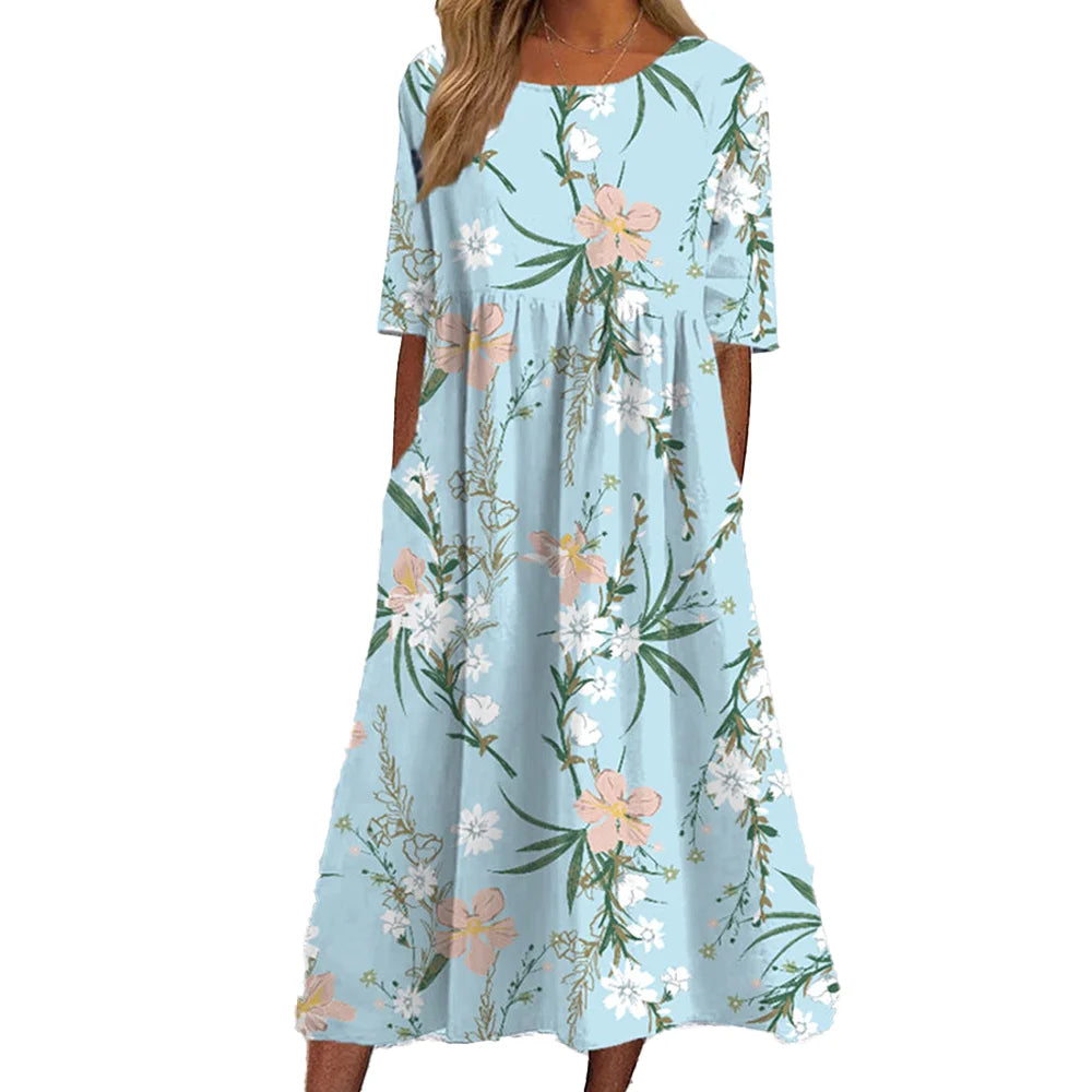 2026Summer New Arrival Women's Casual Crew Neck Pocket Short Sleeve Printed Dress