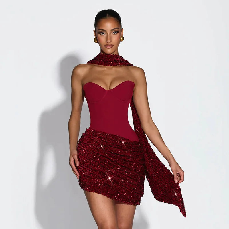 Pleated Slim Bodycon Dress Women Strapless Mini 2026 Spring Summer Dress Sequin Evening Nightclub Sexy Party Dresses