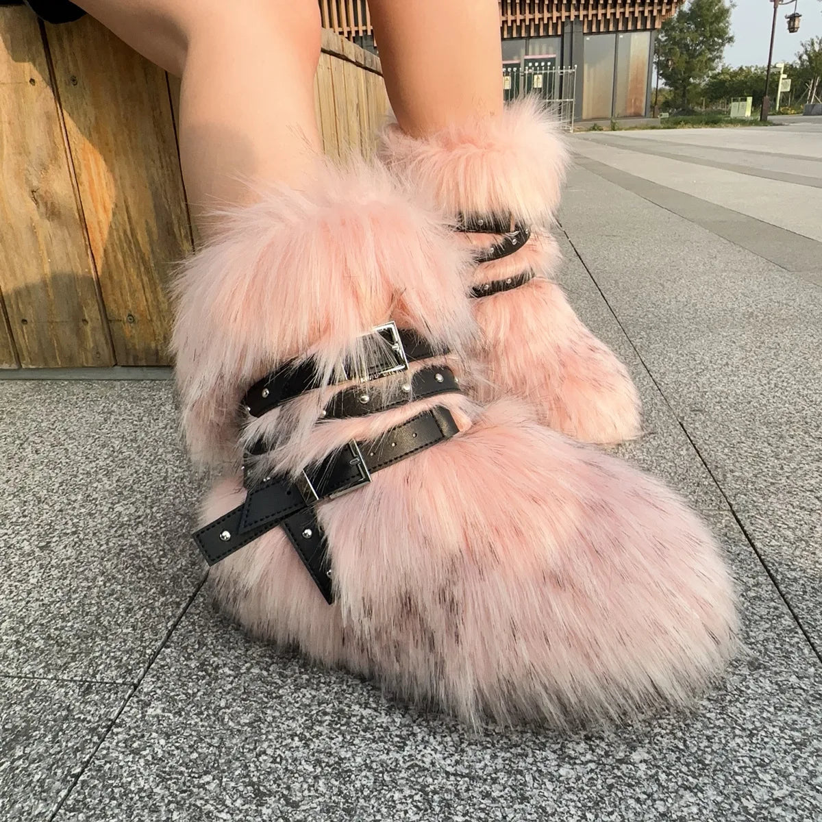 Winter Fur New Design Onepiece Raccoon FurFemale Snow Boots Fur shoes OutdoorMid Leg Boots y2k Cool Pink Girl