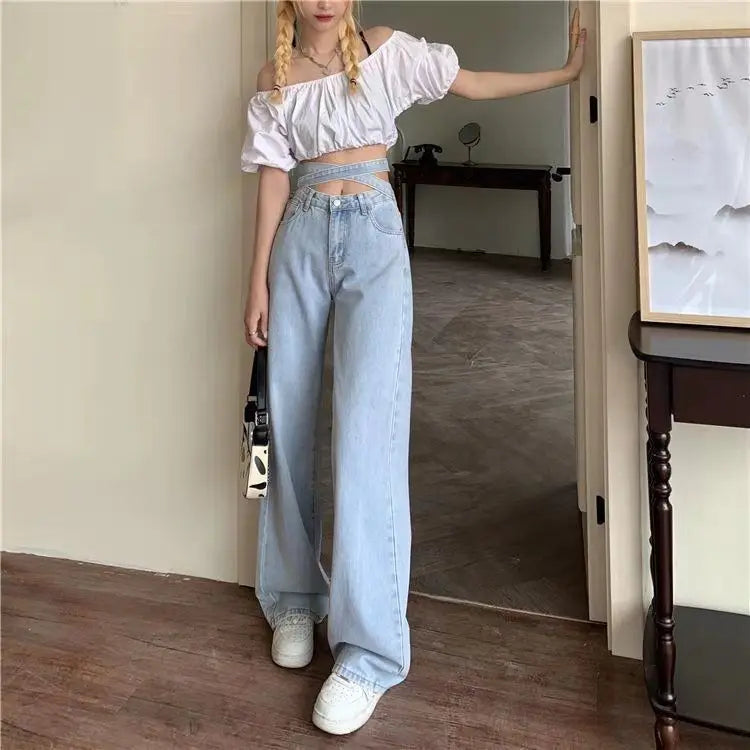Women's High Waist Baggy Jeans Korean Trendy Loose Wide Leg Denim Pants with Ankle Ties Flowy Floor Length Streetwear