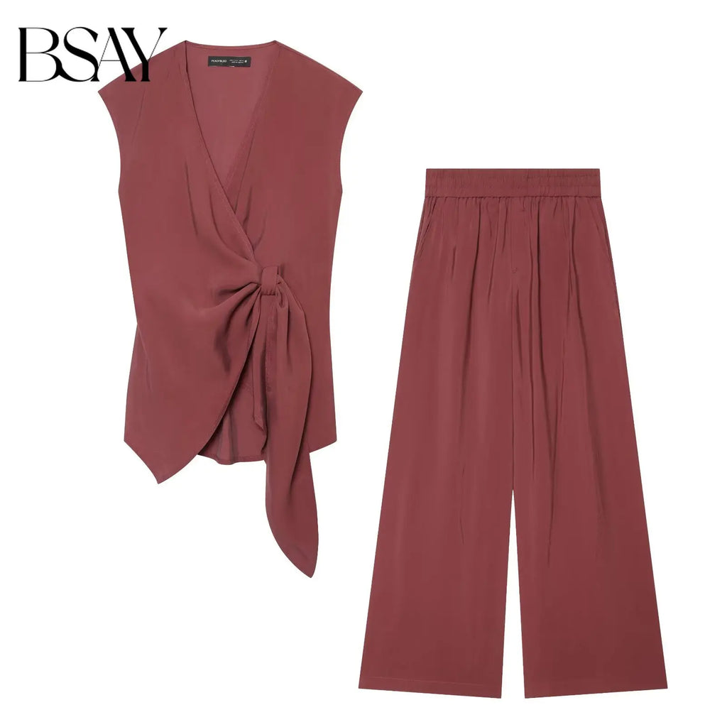 BSAY 2026 Women's Two Piece Set V-Neck Sleeveless Wrap Top With Bow Tie Elastic Waist Wide Leg Pants Elegant Solid Color Outfit