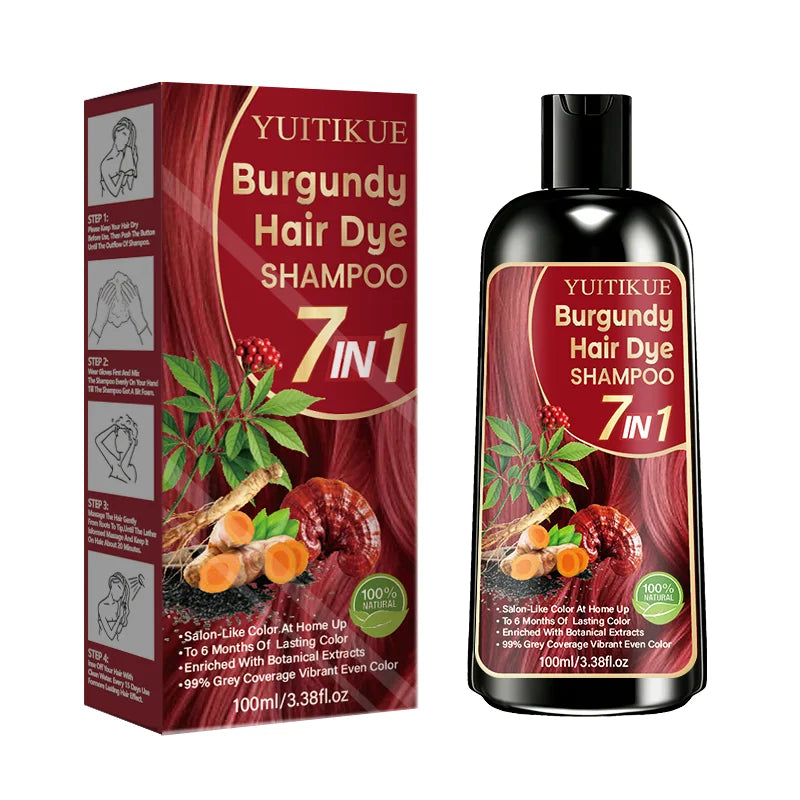 Burgundy Hair Dye Shampoo 7 In 1 Natural Plant Extract Cover Gray Hair Long Lasting Vibrant At Home Hair Color Care Shampoo