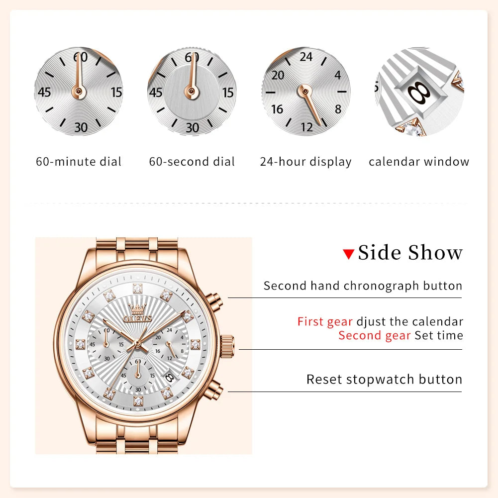 OLEVS 3669 Womens Watch Fashion Brand Waterproof Luminous Multifunctional Chronograph Quartz Watch Date Ladies Watches With Box