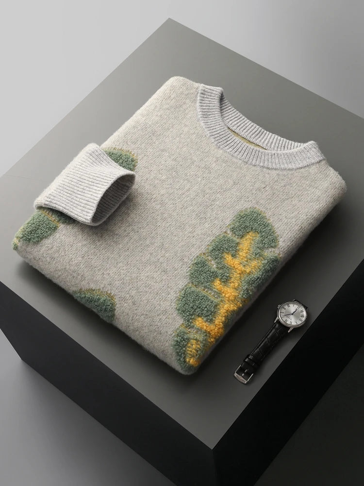 Jacquard Autumn Winter New Cashmere Sweater Men's Round Neck Pullover 100% Merino Wool Knitted Casual Fashion Retro Thicken Top