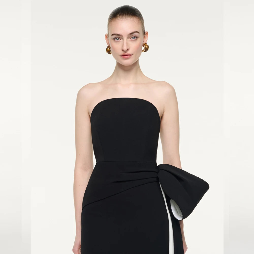 Evening Dress Customized Design Sexy Strapless Off Shoulder Waist Bow Tea Length Column for Prom Gown Bridesmaid Party Dresses