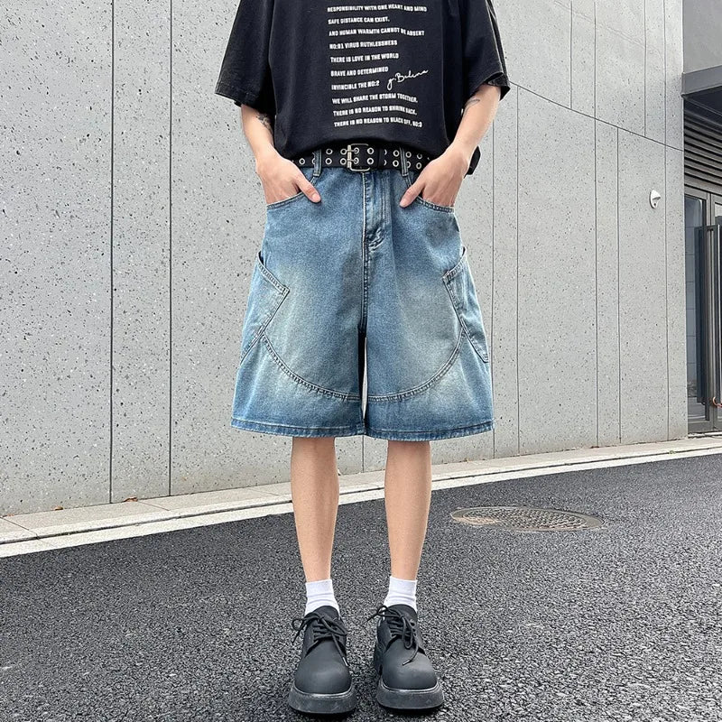 2026 Summer New Baggy Denim Shorts Fashion Casual Straight Harajuku Jeans Male Vintage Wash Drawstring Short Pants Streetwear