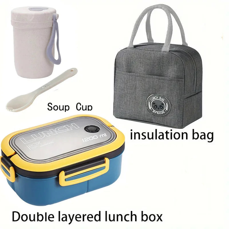 Portable Double-Layer Lunch Box with Fork And Spoon Compartment Food Container Microwave Safe for Picnics And Freshness Preserva