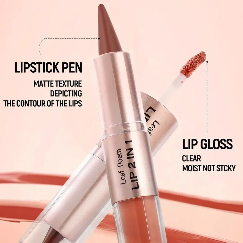 2-in-1 Tapered Gradient Lip Liner Pen Double-headed Matte Mirror Design Lip Glaze Nude Brown Waterproof Contour Non Stick Makeup