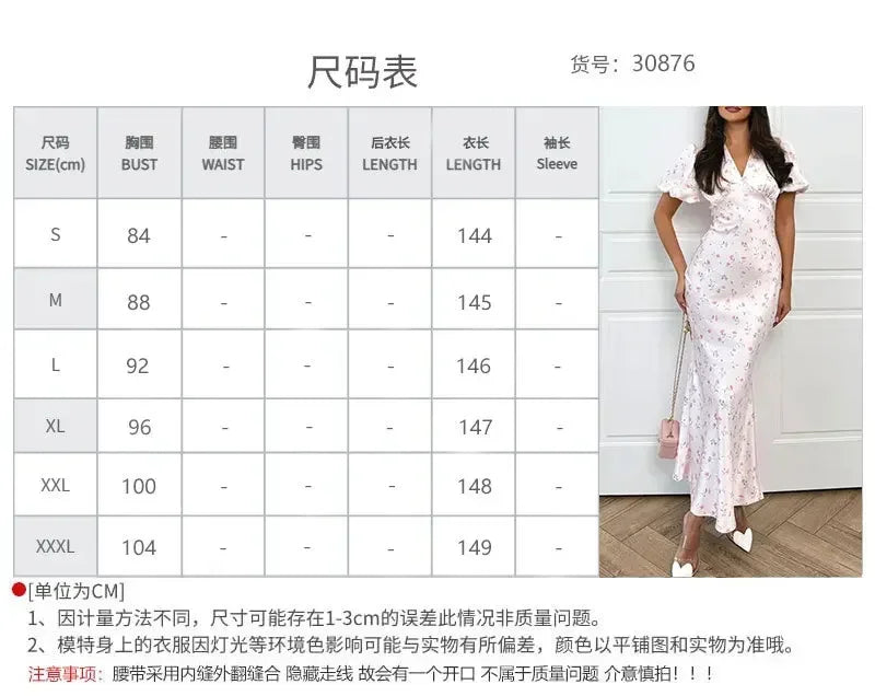 Elegant Printed V-neck Maxi Dress Women Fashion Satin Puff Short Sleeve High Waist Slim Long Dresses 2026 Summer Lady Party Robe