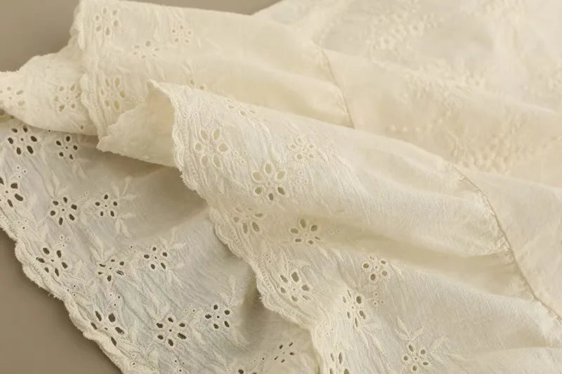 Vintage Embroidery Hollow Out Cotton Linen Dress Women Spring Mori Girl Lace Ruffled Casual Long Sleeve Loose Pullover Vestidos