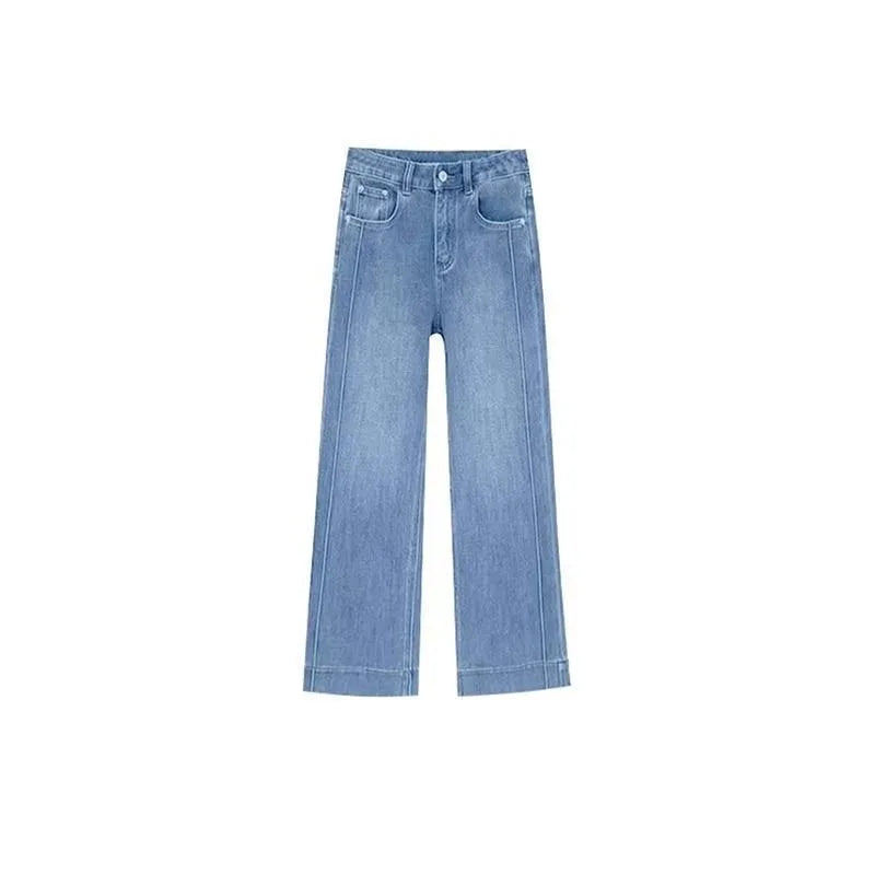 Retro Fashion Solid Color Holiday Denim Straight Pants Women's Summer Large Size High Waist Thin Wide Leg Nine-point Pants