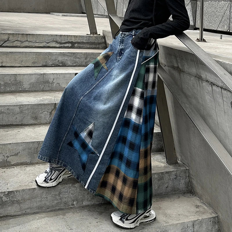 High Fashion Denim Skirt Women Elastic High Waist A-Line Long Skirt Female Colorful Patchwork Plaid Jean Skirt