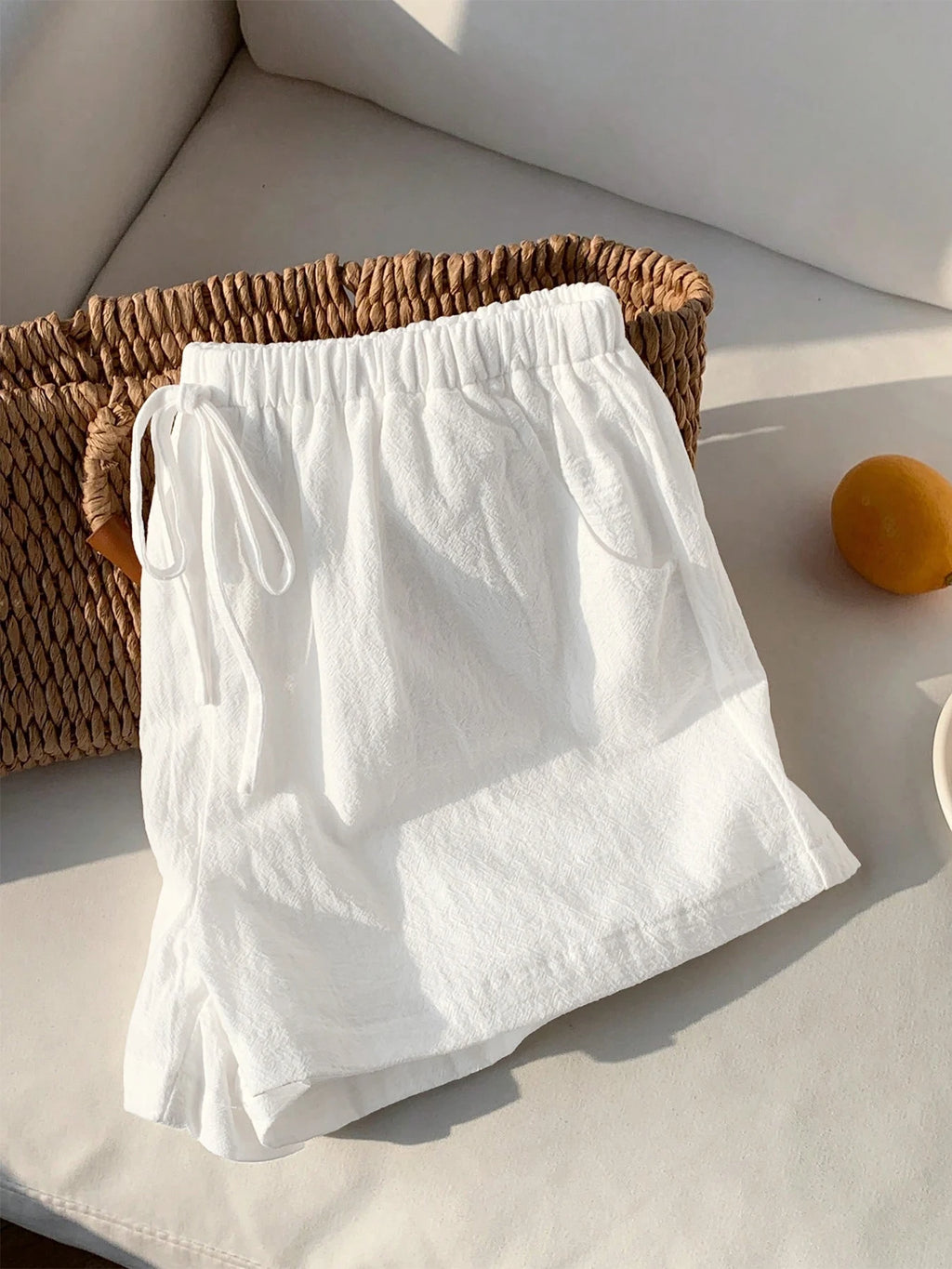 Ladies New Spring Summer Linen Solid Color Casual Sports Elastic Waist Drawstring Short Pants