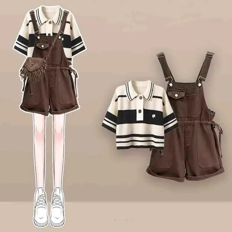 Women's Summer New Casual Short Sleeve Top+Retro Denim Strap Shorts 2-Piece Suit 2026 Korean Elegant T-shirt Pants Matching Set