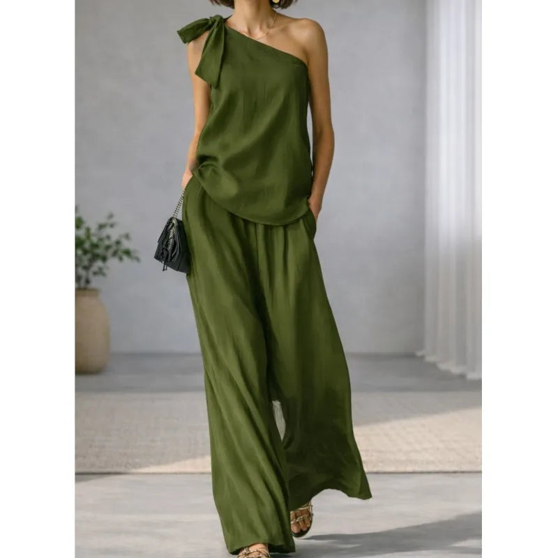 Casual Loose Summer Pants Set 2026 One Shoulder Single Strap Sleeveless Top+Wide Leg Pants Women's Casual Sportswear 2-piece Set