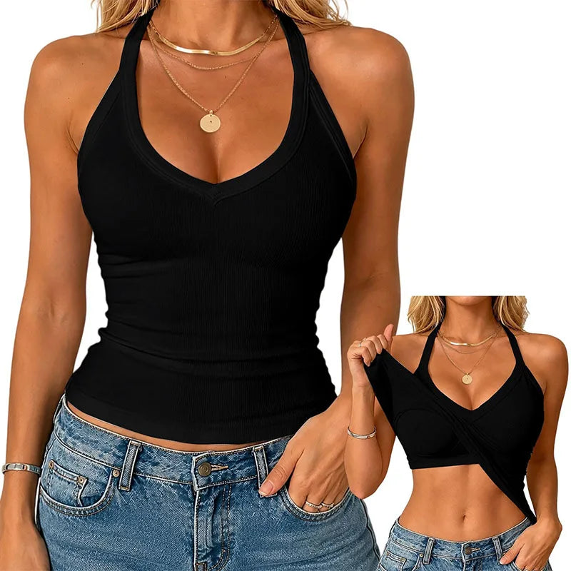 Women Sexy V Neck Sling Camisole Solid Color Halter Tank Top With Built-in Padded Bra Breathable Outer Wear Inner Daily Casual