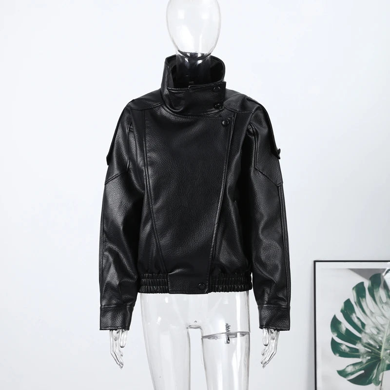 High Street Leather Jackets Women's Casual Double-breasted Turn Down Collar Loose Coats Elastic Waist 2026 Autumn New Outwear