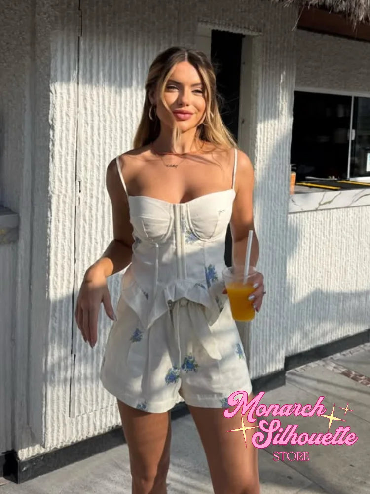 Print Spaghetti Strap Shorts Set Women Chic Boned Shaping French Floral Ruffled Waist Corset Set 2026 Lady Summer Daily Outfit