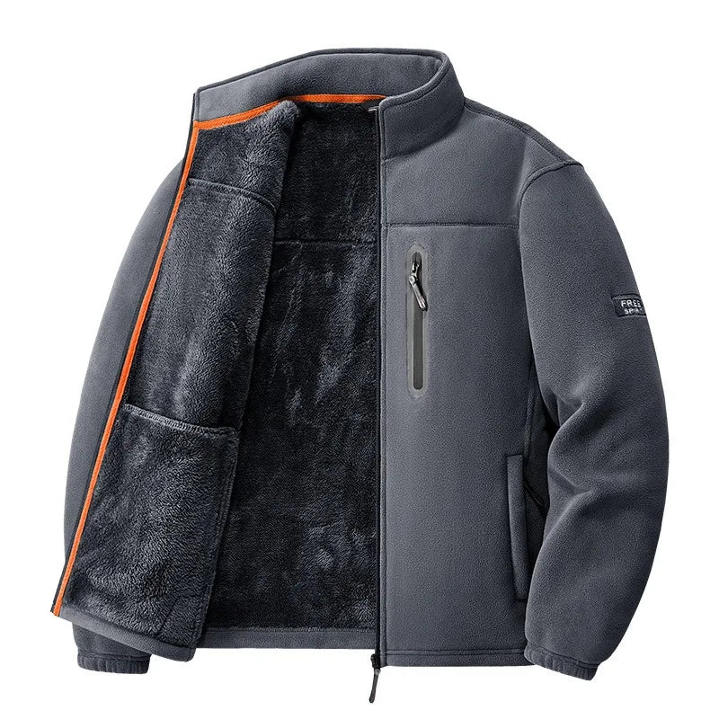 Men Fleece Lined Jacket Winter Thick Warm Stand Collar Zip Up Windproof Outdoor Casual Outerwear